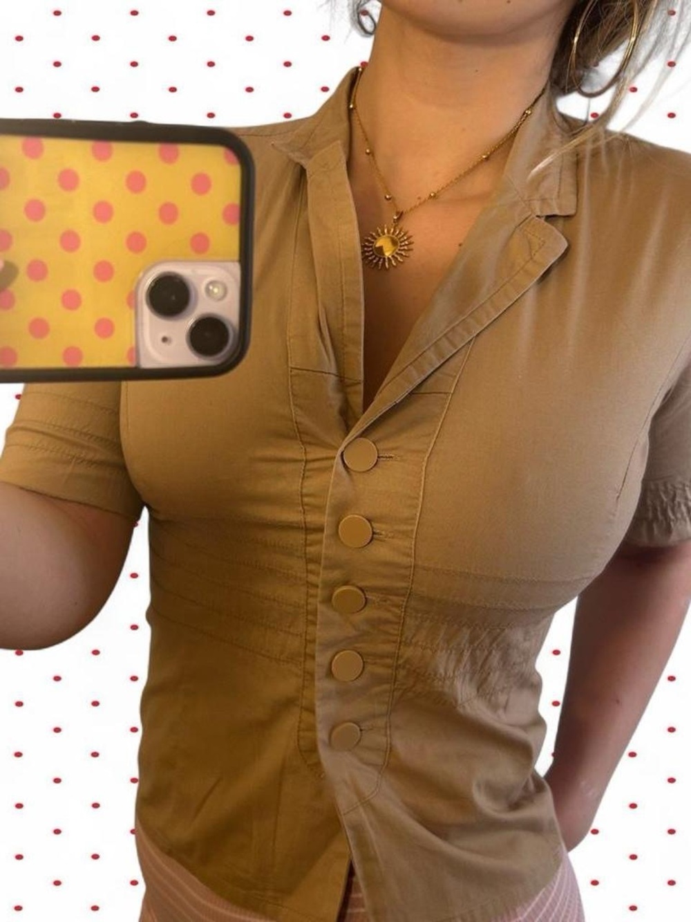 Max Rave Short Sleeve Button-Front Top in Tan